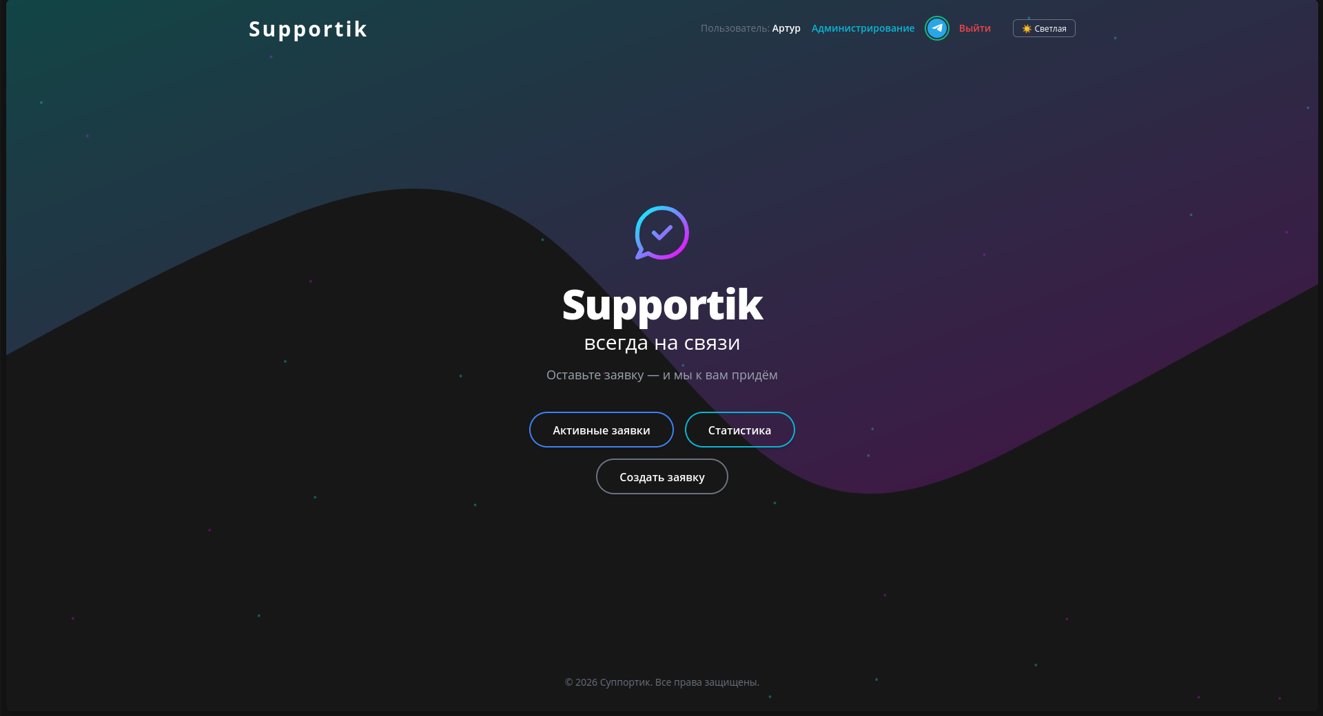 Интерфейс Supportik со списком заявок техподдержки